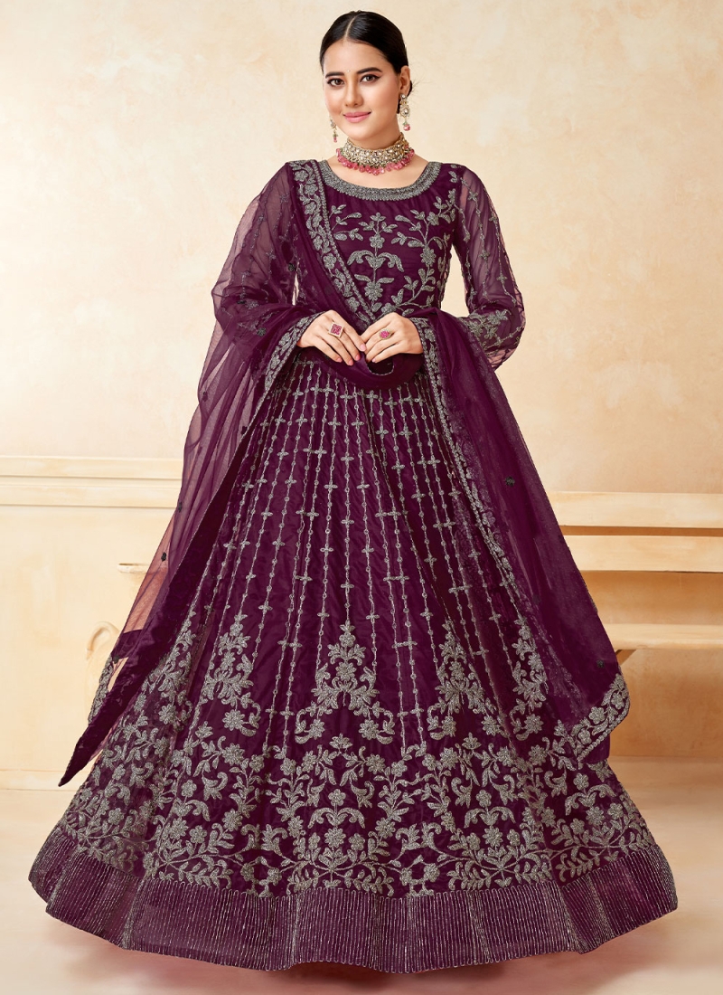 Embroidered Net Trendy Salwar Kameez in Purple