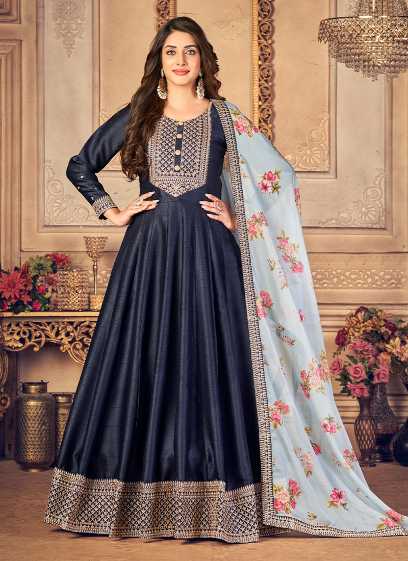 Party Wear Navy Blue Color Embroidered Long Anarkali Salwar Suit In Ar | Silk  anarkali suits, Party wear indian dresses, Anarkali dress