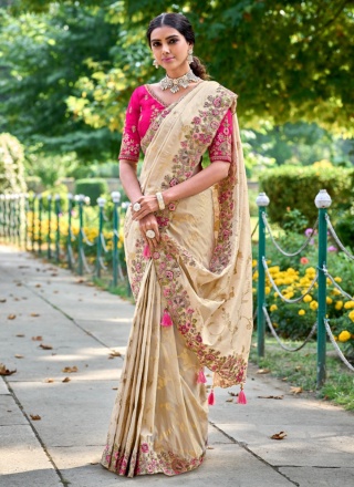 Embroidered Silk Classic Saree in Cream