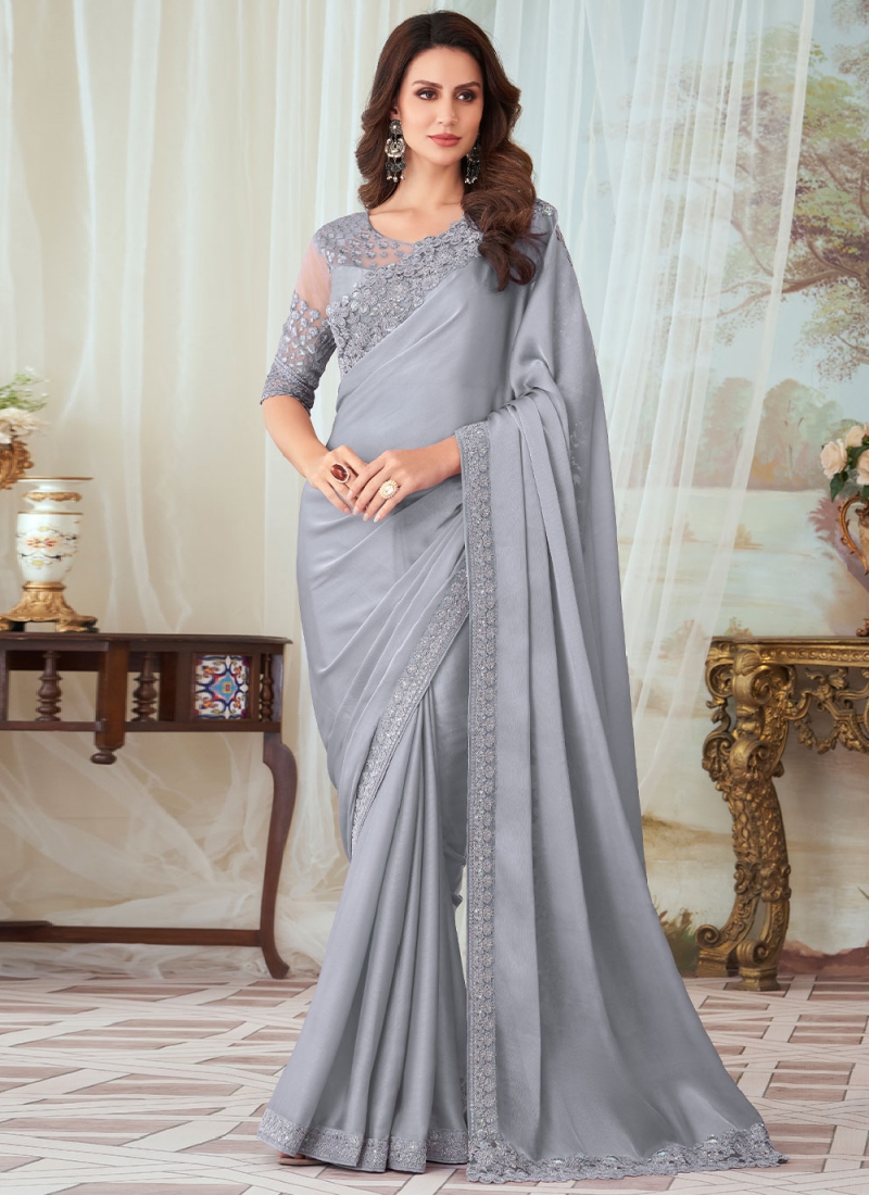 Embroidered Silk Classic Saree in Grey