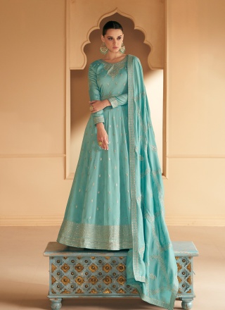 Embroidered Silk Designer Salwar Kameez in Sea Gre