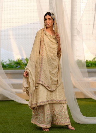 Embroidered Silk Salwar Kameez in Cream