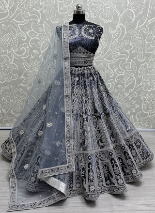 Embroidered Velvet Designer Lehenga Choli in Blue
