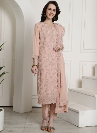 Enchanting Embroidered Georgette Peach Pant Style Suit