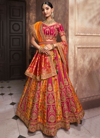 Enchanting Embroidered Mustard and Pink Silk Lehen