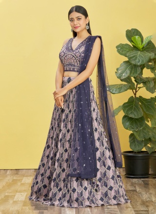 Enthralling Chinon Navy Blue Thread Lehenga Choli