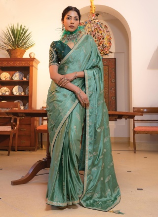 Enthralling Viscose Green Embroidered Classic Saree