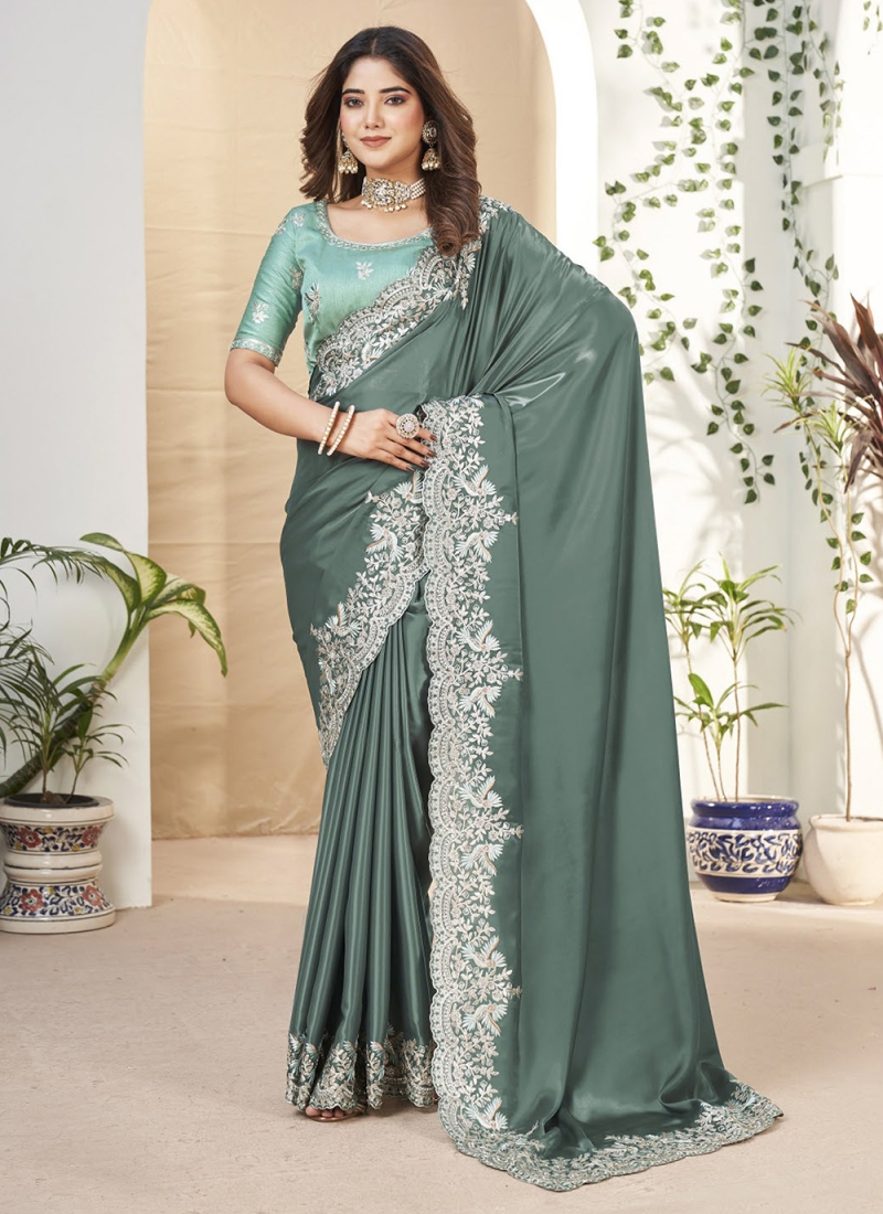 Epitome Fancy Fabric Green Embroidered Contemporary Saree