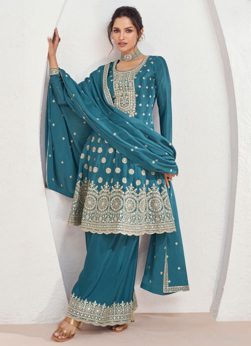 Ethnic Silk Embroidered Teal Designer Salwar Suit