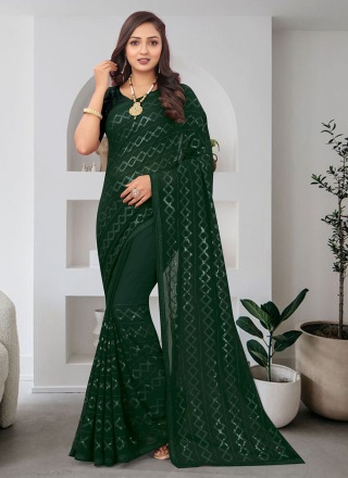 Exceeding Embroidered Green Georgette Designer Saree