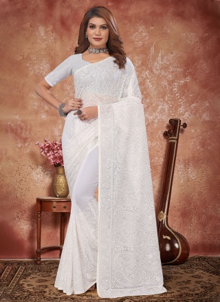 Excellent Embroidered White Georgette Classic Saree