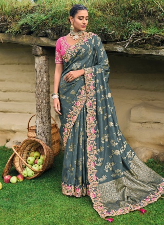 Excellent Grey Embroidered Silk Designer Saree