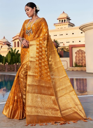 Excellent Organza Mustard Woven Contemporary Saree