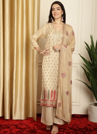 Exceptional Embroidered Pure Silk Beige Trendy Salwar Suit