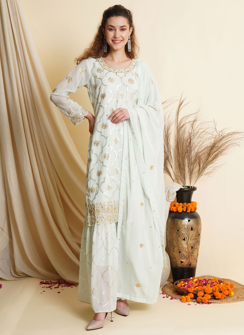 Exciting Aqua Blue Resham Palazzo Salwar Kameez