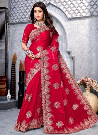 Exotic Crepe Silk Hot Pink Embroidered Contemporary Style Saree