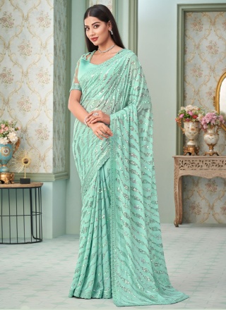 Exotic Georgette Turquoise Sequins Classic Saree