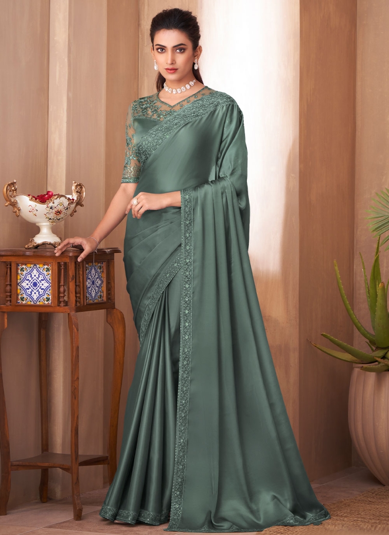 Exotic Silk Embroidered Sea Green Trendy Saree