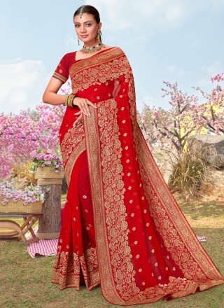 Exquisite Embroidered Georgette Red Classic Saree