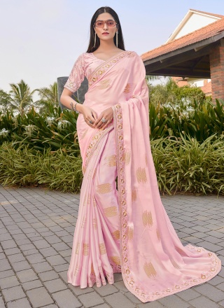 Exquisite Embroidered Silk Pink Contemporary Saree