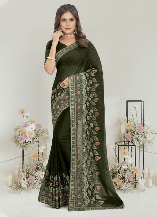 Extraordinary Chiffon Satin Sea Green Resham Classic Saree