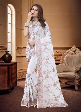 Exuberant Embroidered Georgette White Contemporary Saree