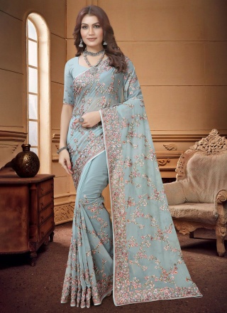 Exuberant Resham Georgette Aqua Blue Trendy Saree