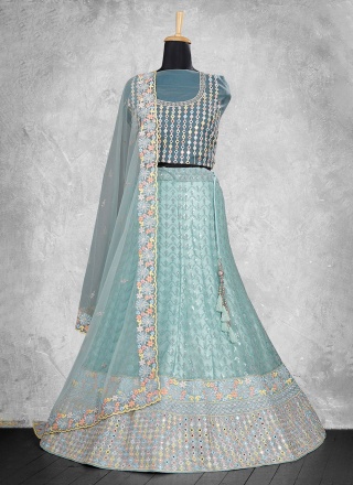 Fab Net Thread Work Aqua Blue Designer Lehenga Choli