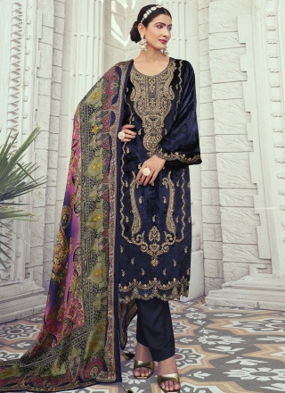 Fab Velvet Embroidered Navy Blue Designer Salwar Suit