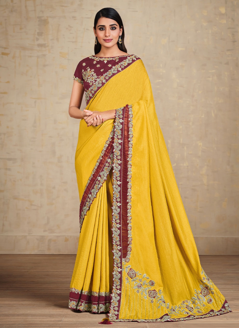 Fabulous Embroidered Yellow Tussar Silk Classic Saree