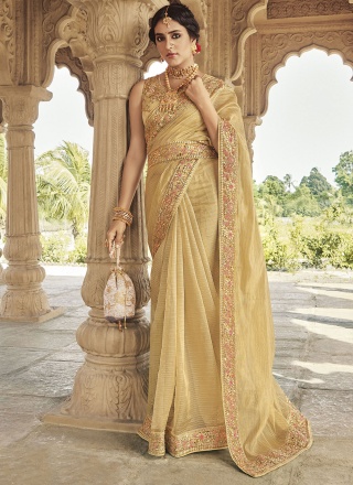 Fancy Fabric Beige Embroidered Contemporary Saree