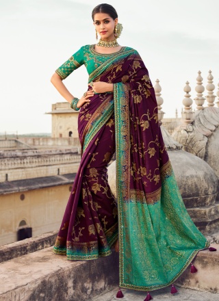 Fancy Fabric Embroidered Contemporary Saree in Brown and Green