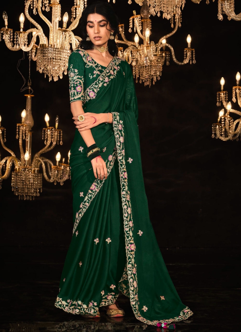 Fancy Fabric Embroidered Green Classic Saree