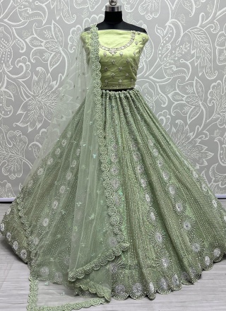 Fancy Net A Line Lehenga Choli in Green