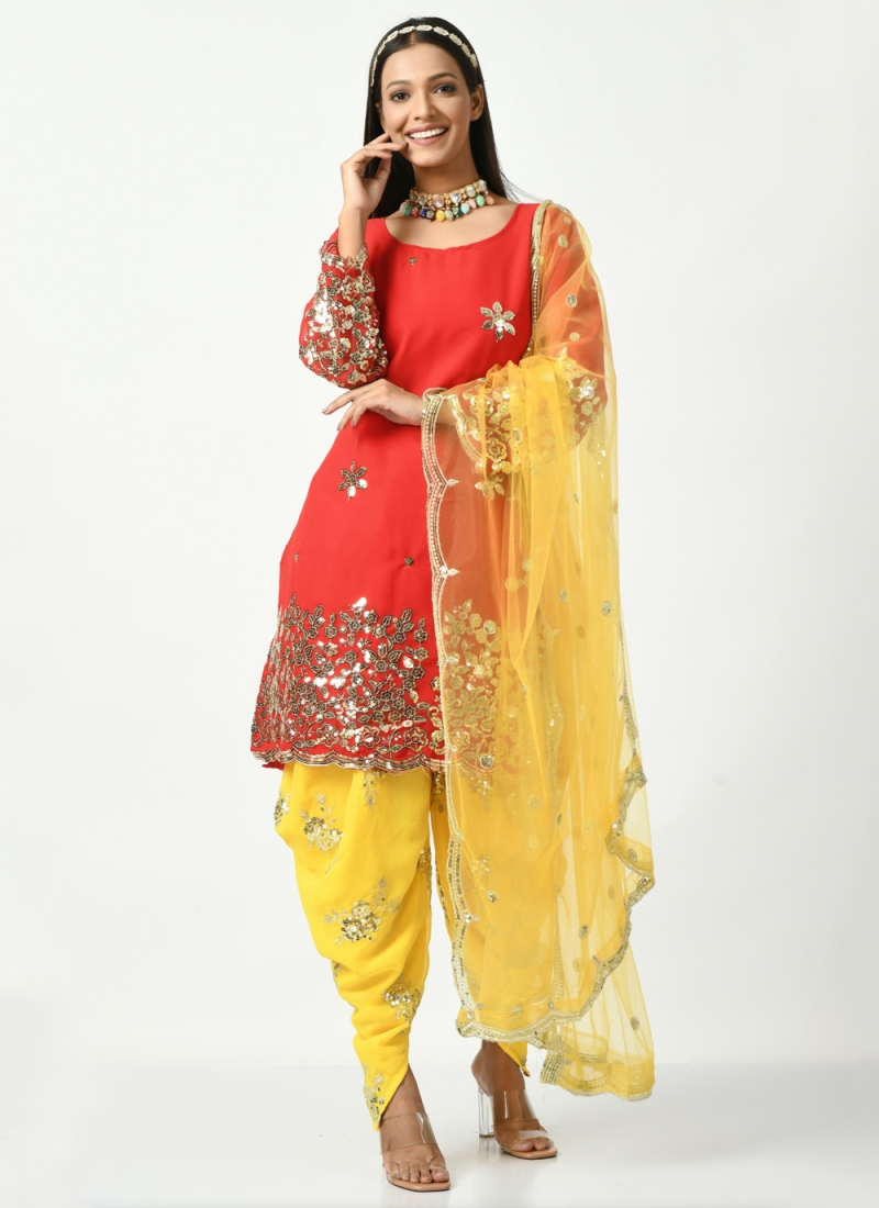 Fascinating Faux Georgette Embroidered Red Trendy Salwar Kameez
