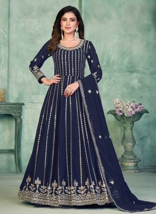 Fashionable Faux Georgette Navy Blue Embroidered Anarkali Salwar Suit