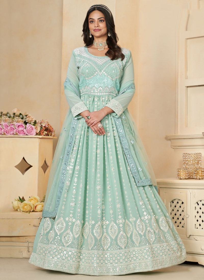 Fashionable Faux Georgette Sea Green Embroidered Trendy Gown