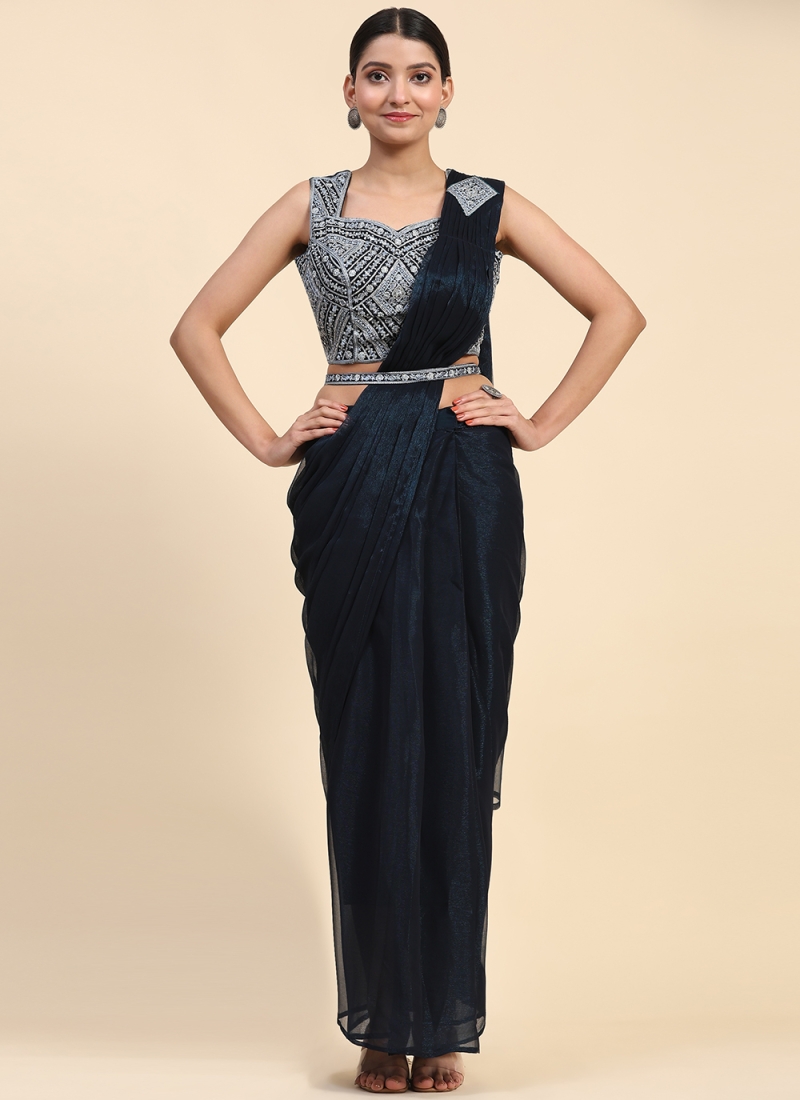 Fashionable Navy Blue Shimmer Designer Saree