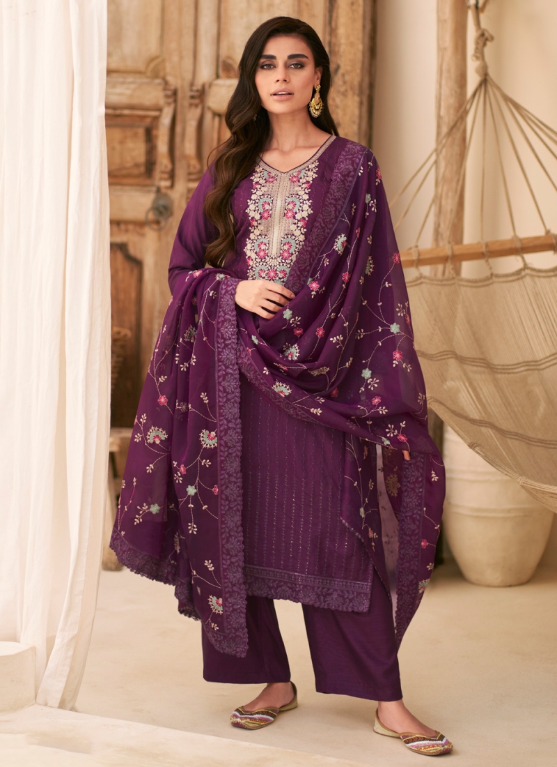 Fashionable Silk Purple Embroidered Palazzo Salwar Suit