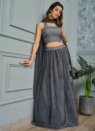 Faux Crepe Embroidered Readymade Lehenga Choli in Grey