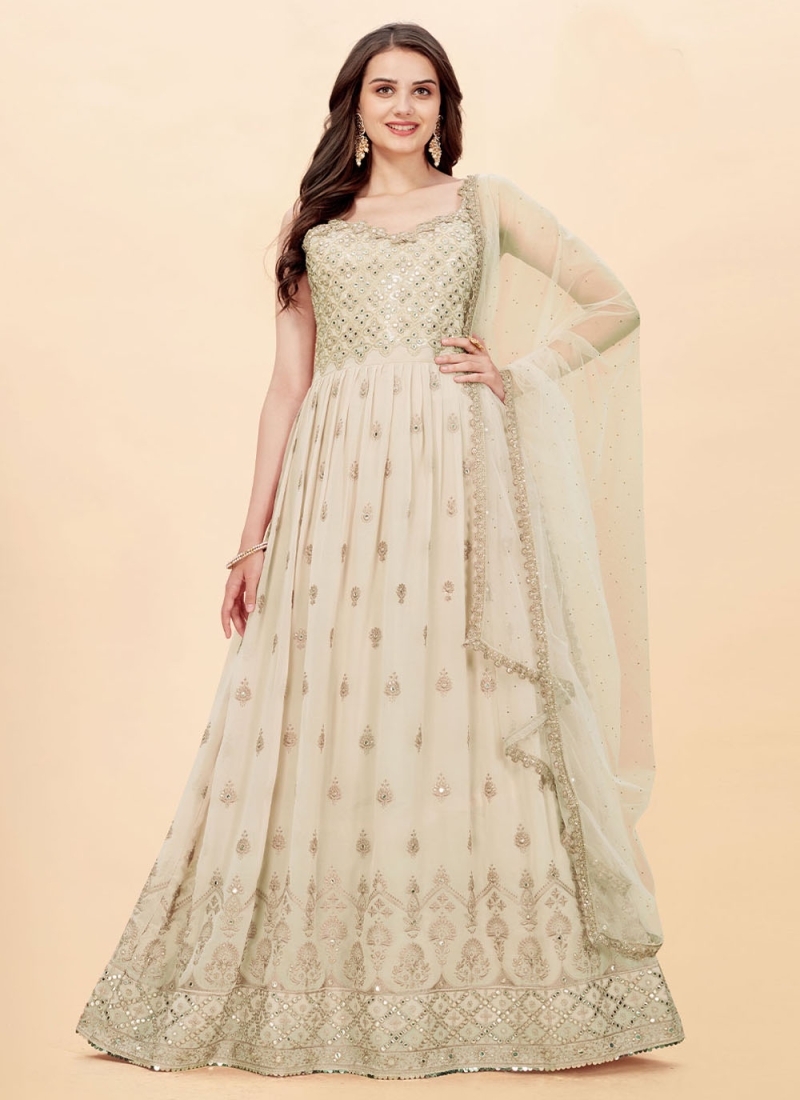 Faux Georgette Beige Floor Length Designer Suit