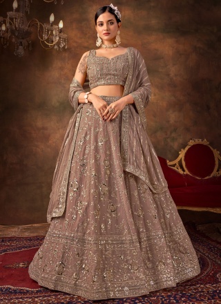 Faux Georgette Brown Sequins Trendy Lehenga Choli