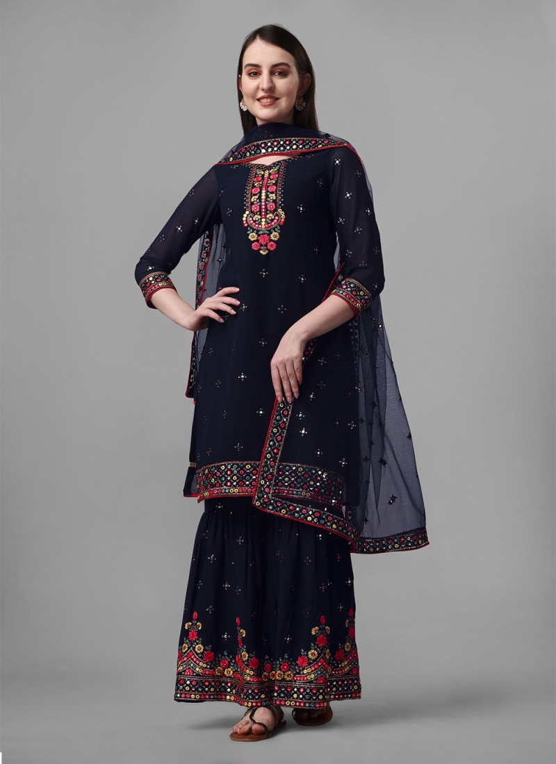 Faux Georgette Designer Navy Blue Designer Salwar Suit