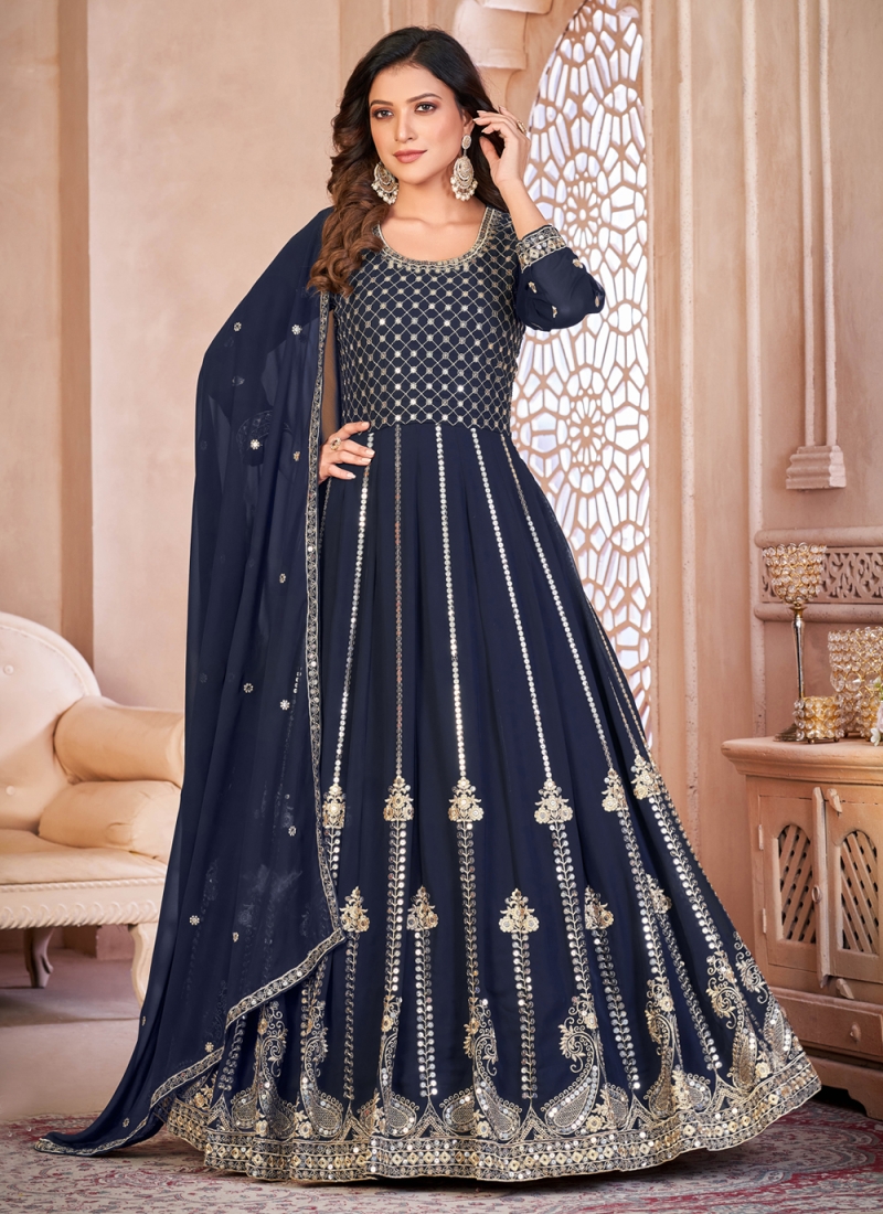 Faux Georgette Embroidered Anarkali Salwar Kameez in Navy Blue