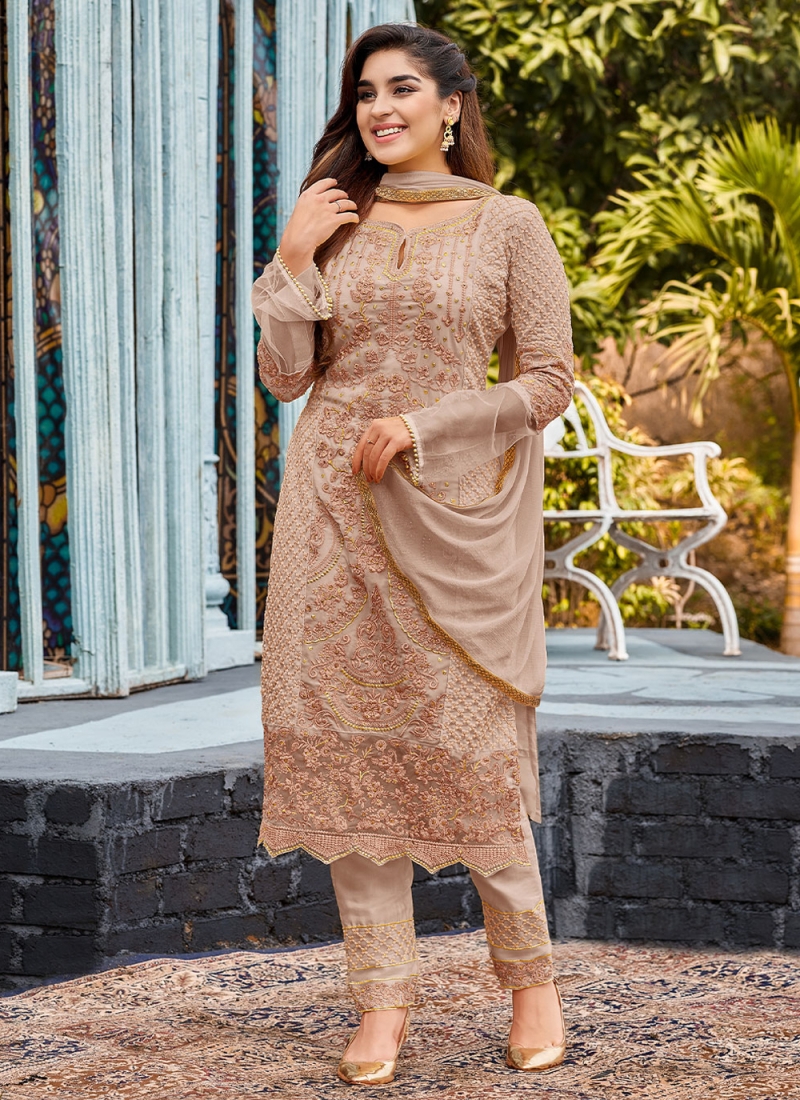 Faux Georgette Embroidered Beige Straight Salwar Suit