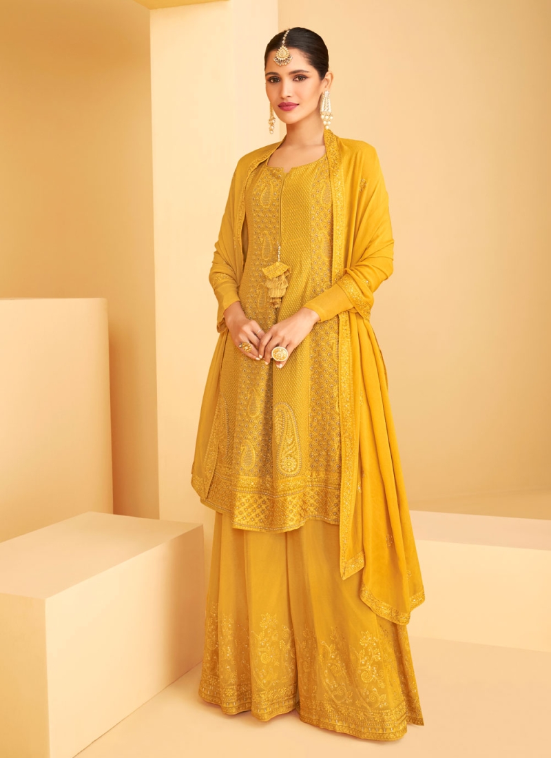 Faux Georgette Embroidered Designer Pakistani Suit in Yellow