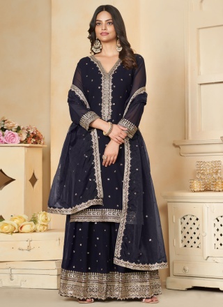 Faux Georgette Embroidered Navy Blue Trendy Salwar Kameez