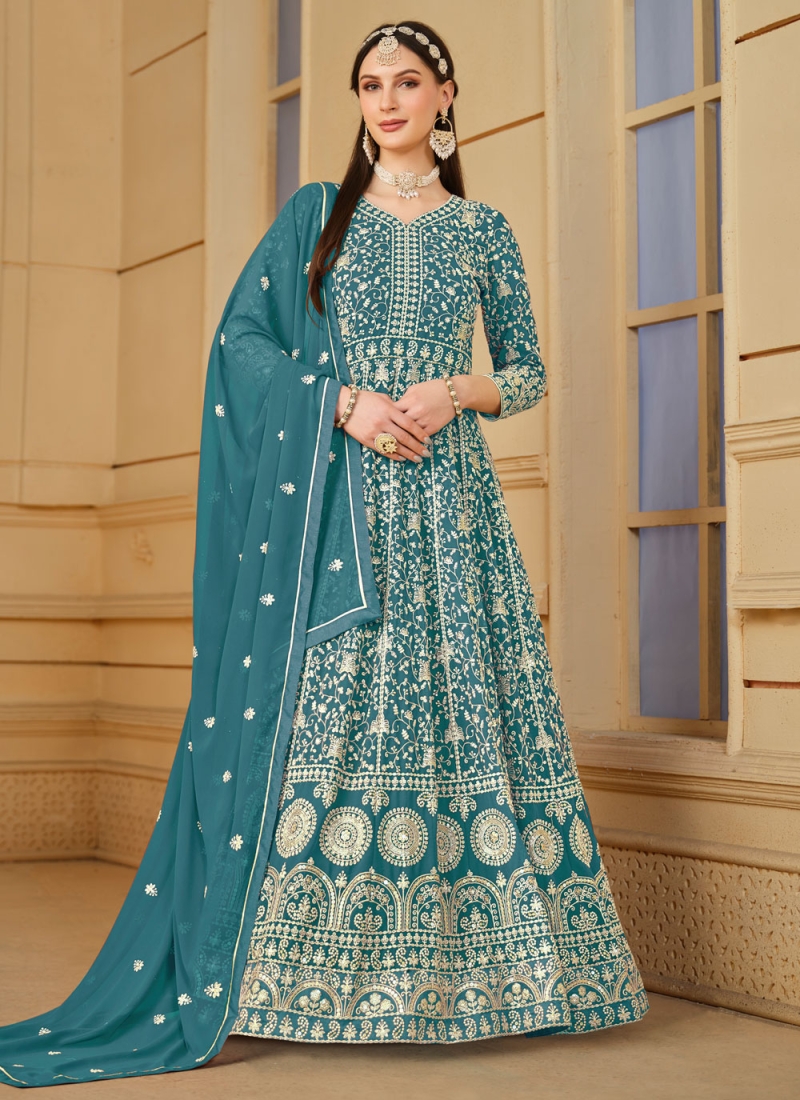 Faux Georgette Embroidered Turquoise Salwar Kameez