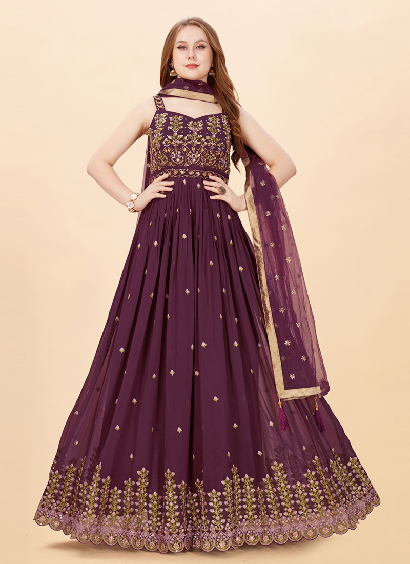 Faux Georgette Embroidered Wine Designer Gown