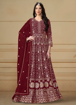 Faux Georgette Maroon Embroidered Trendy Salwar Ka